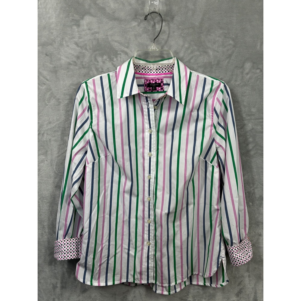 Talbots Petite Striped Button Down Shirt Medium White Green Pink Navy Cotton